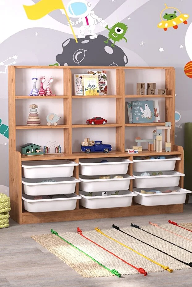 Almina 9 Sepetli 9 Raflı Dolap Çok Amaçlı Dolap Oyuncak Dolabı Almina Beyaz